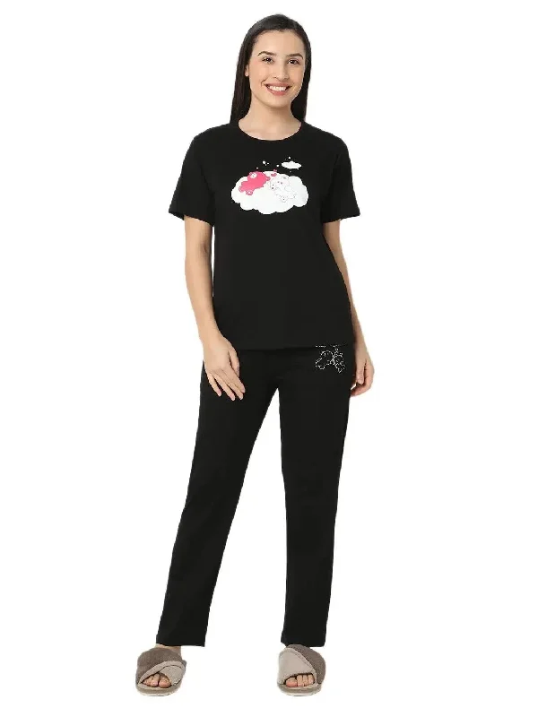Smarty Pants Women's Cotton Lycra Black Color Teddy Print Night Suit Classic Cropped Pants Smarty Pants Women's Cotton Lycra Black Color Teddy Print Night Suit Classic Cropped Pants