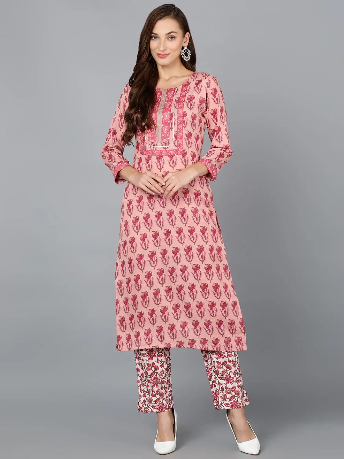 Peach Cotton Blend Straight Kurta With Pant-VKSET1393_XS Elegant Palazzo Trousers