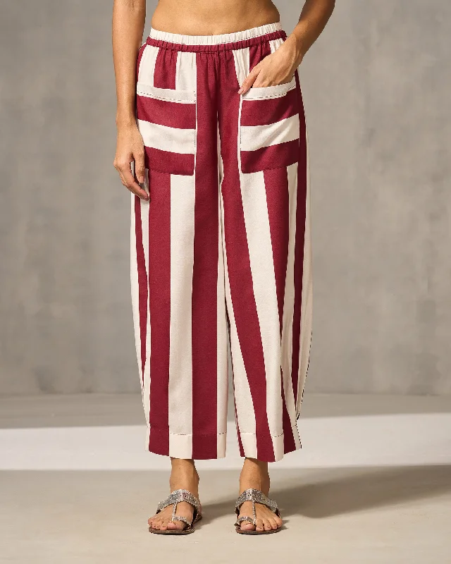 Serene Pants - Red & Ivory Stripes Chic Checkered Pants