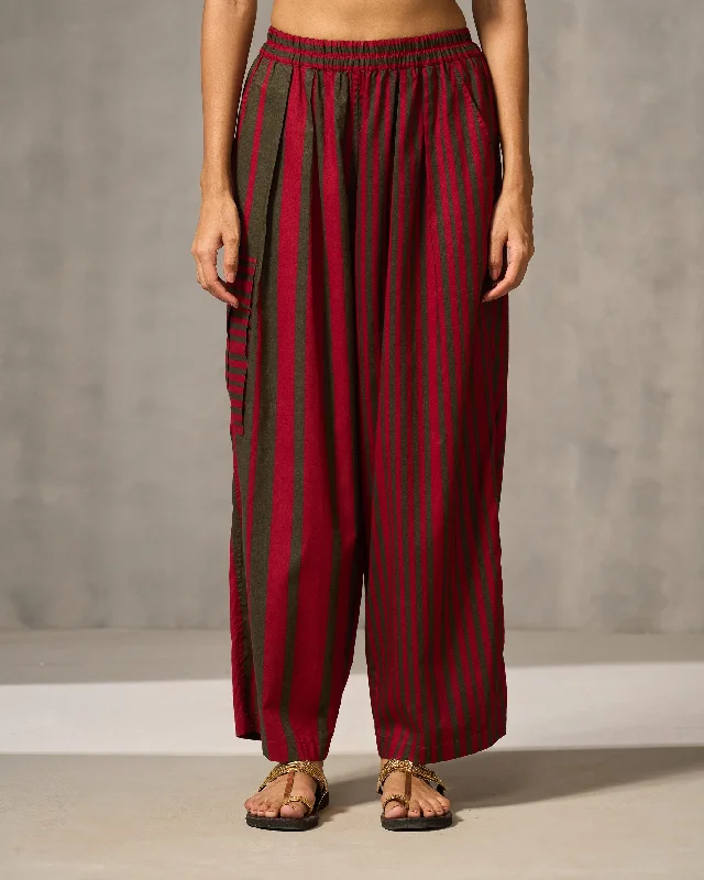 Jambiani Pants - Red & Oak Brown Print Casual Wide Pants
