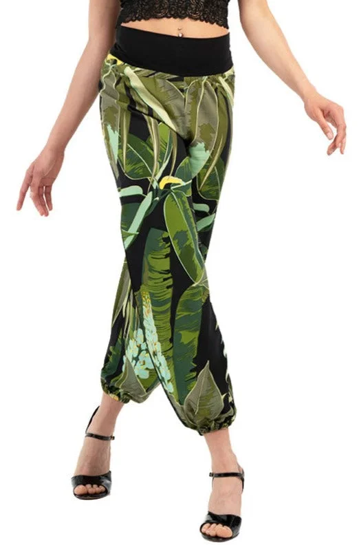 Tropical Print Gathered Tango Pants Modern Stretch Trousers