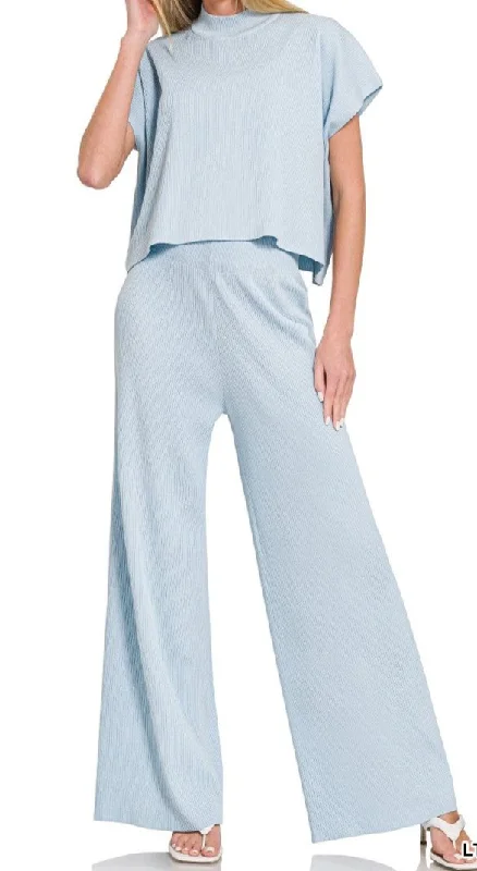 ribbed mock neck top with wide pant set