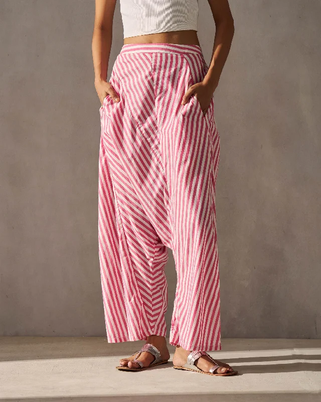 Souk Drop Crotch Pants - Fuchsia & Ivory Comfortable Denim Pants