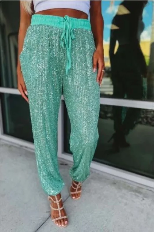 MINT SEQUIN HIGH WAISTED DRAWSTRING JOGGER PANTS SP19958