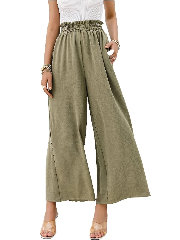 Solid Elastic Wide Leg High Waist Loose Pants With Pockets, Casual Every Day Pants Relaxed Linen Pants Solid Elastic Wide Leg High Waist Loose Pants With Pockets, Casual Every Day Pants Relaxed Linen Pants