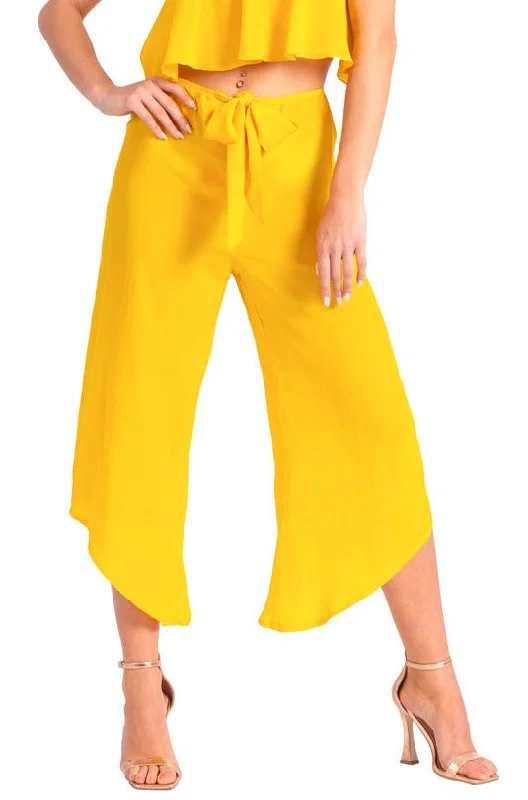 Yellow Waist Tie Asymmetric Cropped Tango Pants Cozy Fitted Pants