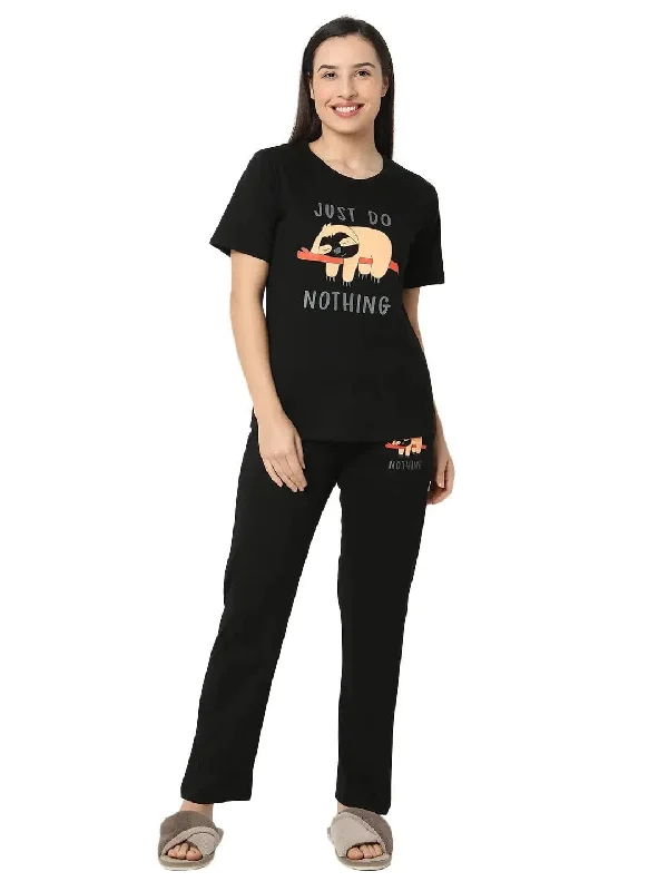 Smarty Pants Women's Cotton Lycra Black Color Printed Night Suit Relaxed High-Waist Trousers Smarty Pants Women's Cotton Lycra Black Color Printed Night Suit Relaxed High-Waist Trousers