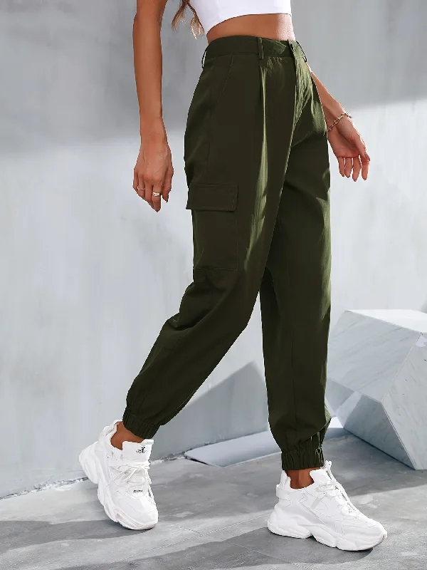 Khaki Long Slant Pockets Belted Pants Classic Straight Pants