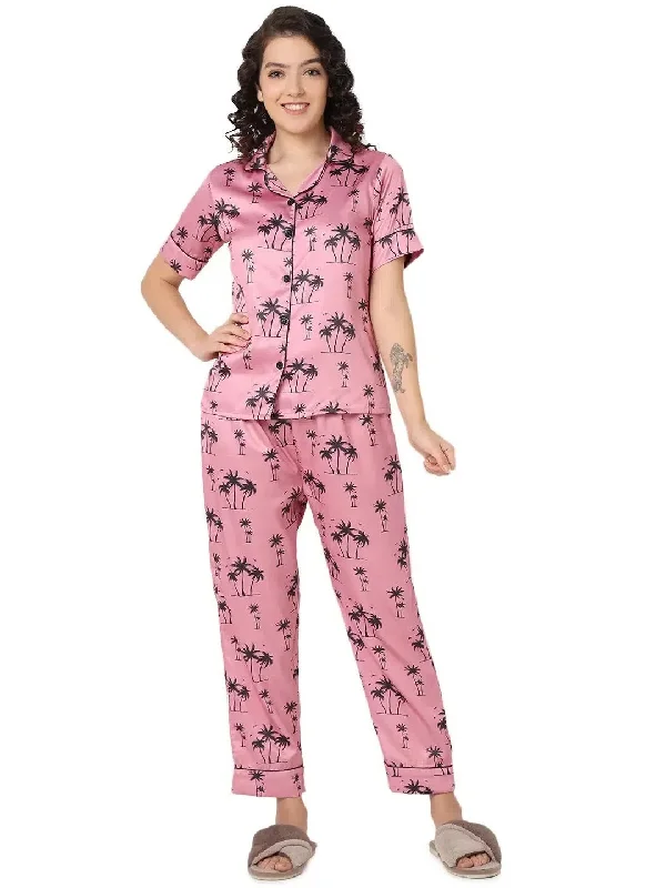 Smarty Pants Women's Silk Satin Pink Color Palm Tree Printed Night Suit Comfortable Denim Trousers Smarty Pants Women's Silk Satin Pink Color Palm Tree Printed Night Suit Comfortable Denim Trousers