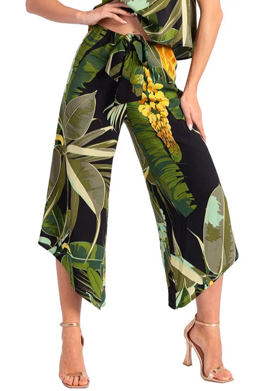 Waist Tie Tropical Print Asymmetric Cropped Tango Pants Cozy Knit Pants