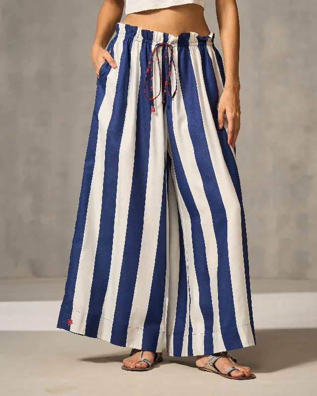 Paperbag Waist Pants - Navy & Ivory Print Stylish Slim Trousers