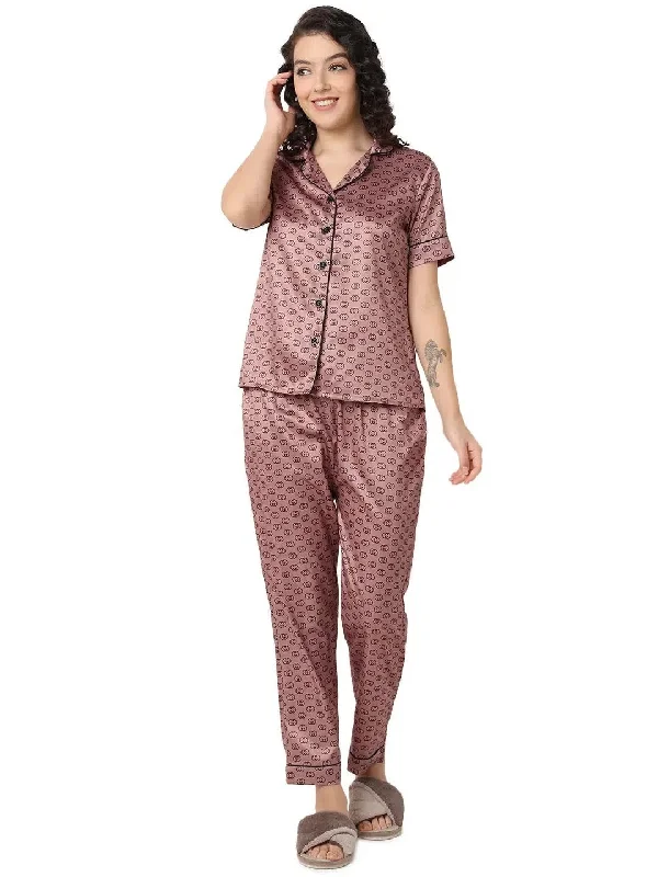 Smarty Pants Women's Silk Satin Chocolate Brown Color Aztec Printed Night Suit-SMNSP-933-S Classic Flared Pants Smarty Pants Women's Silk Satin Chocolate Brown Color Aztec Printed Night Suit-SMNSP-933-S Classic Flared Pants