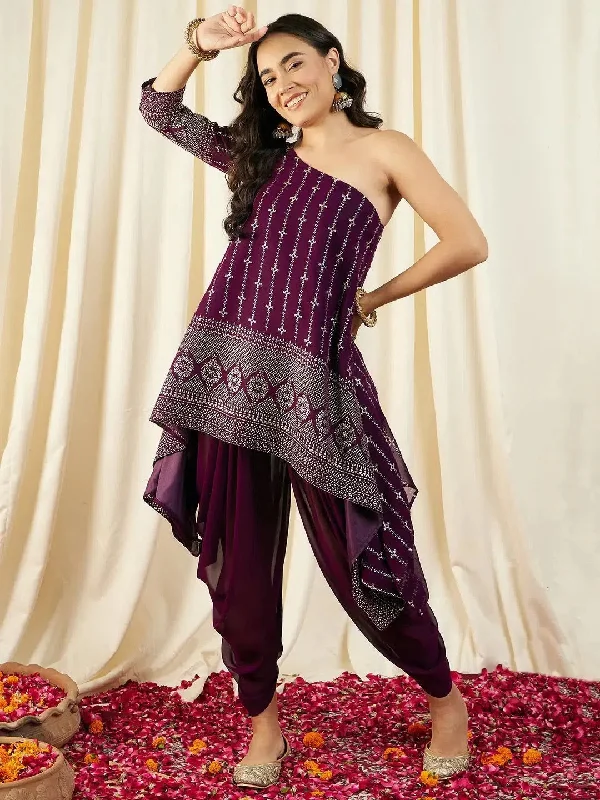 One Shoulder Assymettric Top with Dhoti Pants in Purple Color Wide-Legged Palazzos