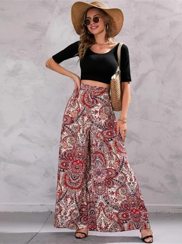 Print Wide Vacation Leg Pants Comfy Zip-Up Pants