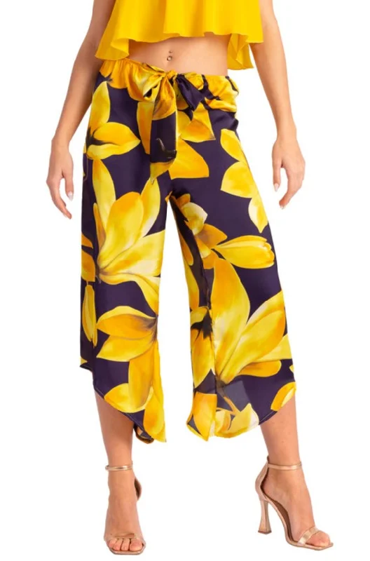 Waist Tie Yellow Floral Print Asymmetric Cropped Tango Pants Slim-Fit Khaki Pants