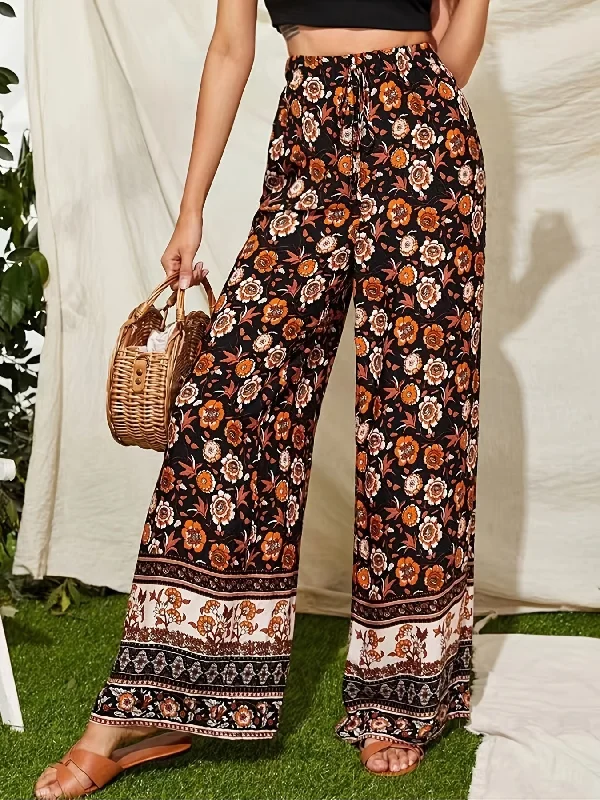 Bohemian Floral Print High Waist Drawstring Elastic Wide Leg Pants Soft Sweatpants Style Bohemian Floral Print High Waist Drawstring Elastic Wide Leg Pants Soft Sweatpants Style