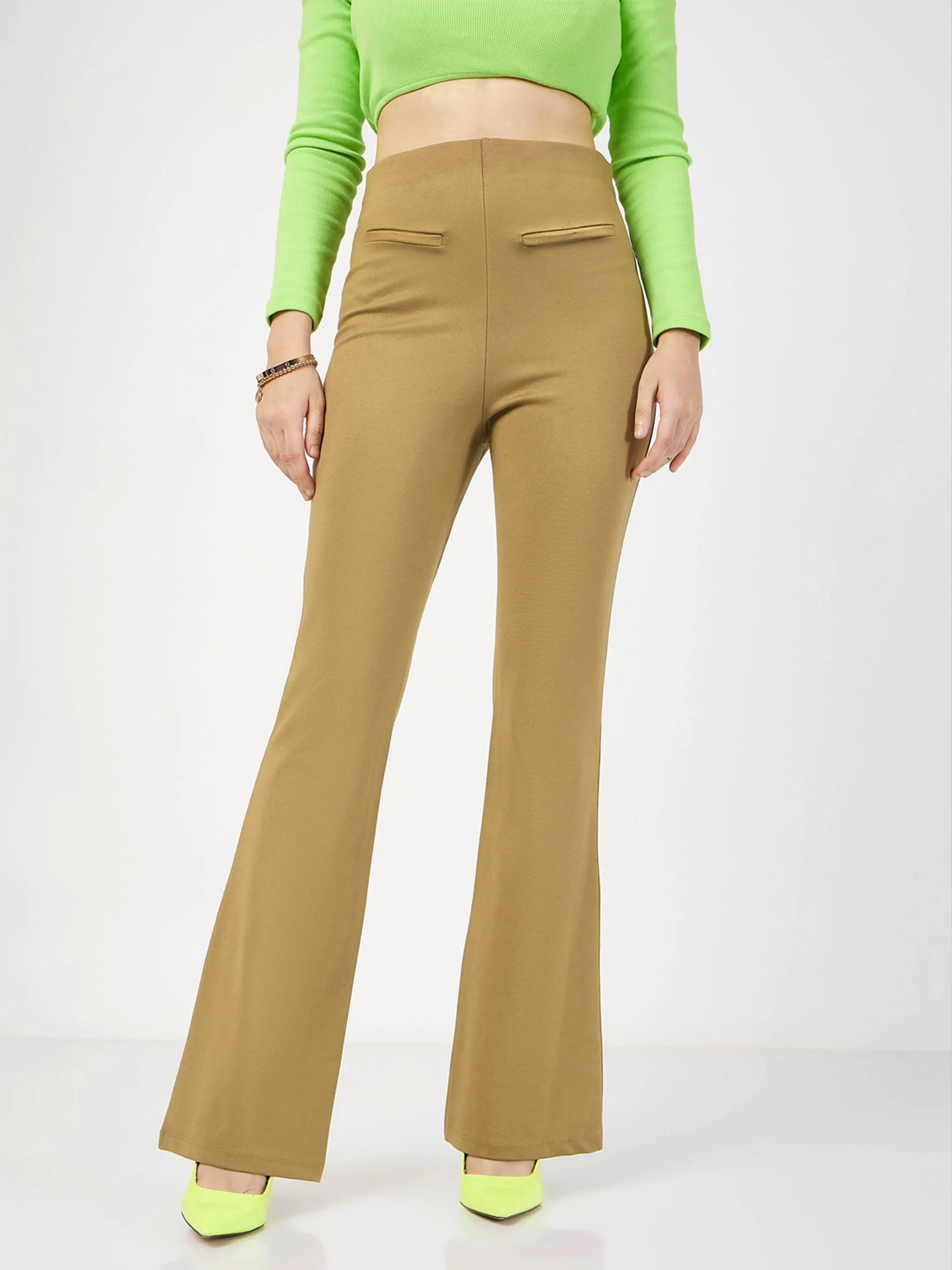 Women Beige Bone Pocket Bell Bottom Pants High-Waist Trousers