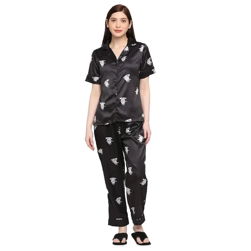 Smarty Pants Women's Silk Satin Black Color Penguin Printed Night Suit Slim Fit Casual Pants Smarty Pants Women's Silk Satin Black Color Penguin Printed Night Suit Slim Fit Casual Pants