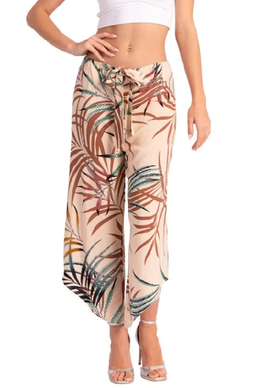 Beige Waist Tie Tropical Print Asymmetric Cropped Pants Formal Stretch Pants