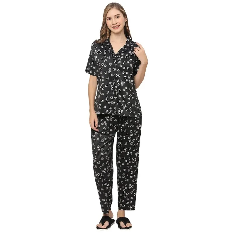 Smarty Pants Women's Silk Satin Black Color Floral Print Night Suit Casual Sweatpants Style