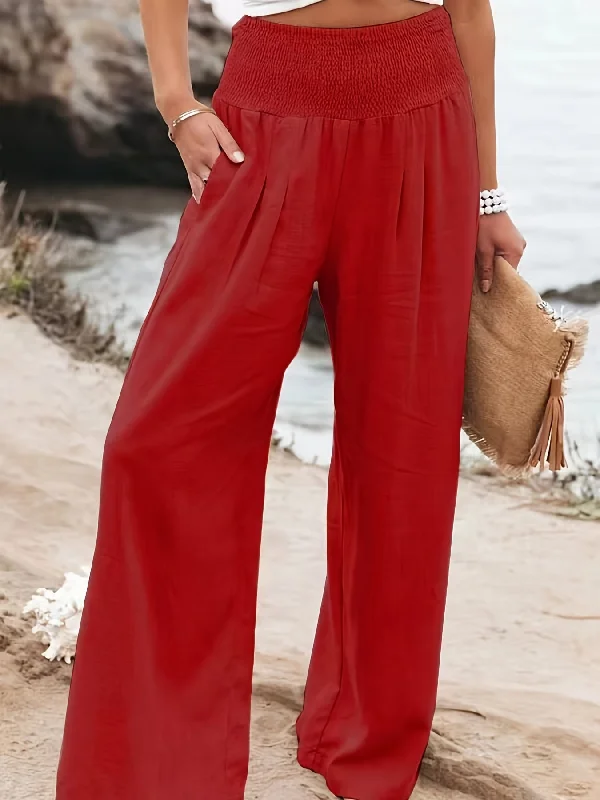 Women's Solid Wide Leg Elastic High Waist Vacation Casual Every Day Pants Casual Wide Pants Women's Solid Wide Leg Elastic High Waist Vacation Casual Every Day Pants Casual Wide Pants