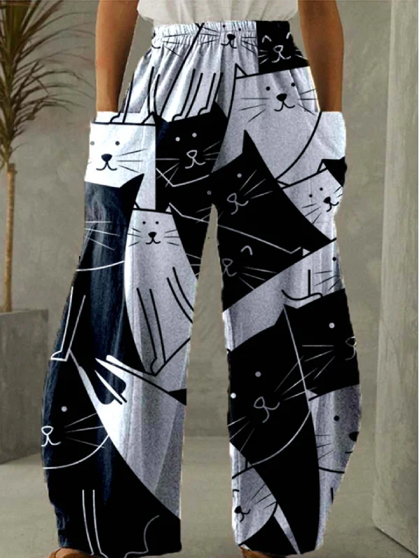Linen Mid Waist Cat Print Pocket Long Length Pants Formal Slim Pants