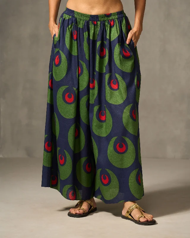 Yoi Hem Pants - Navy & Green Print Classic Pleated Pants