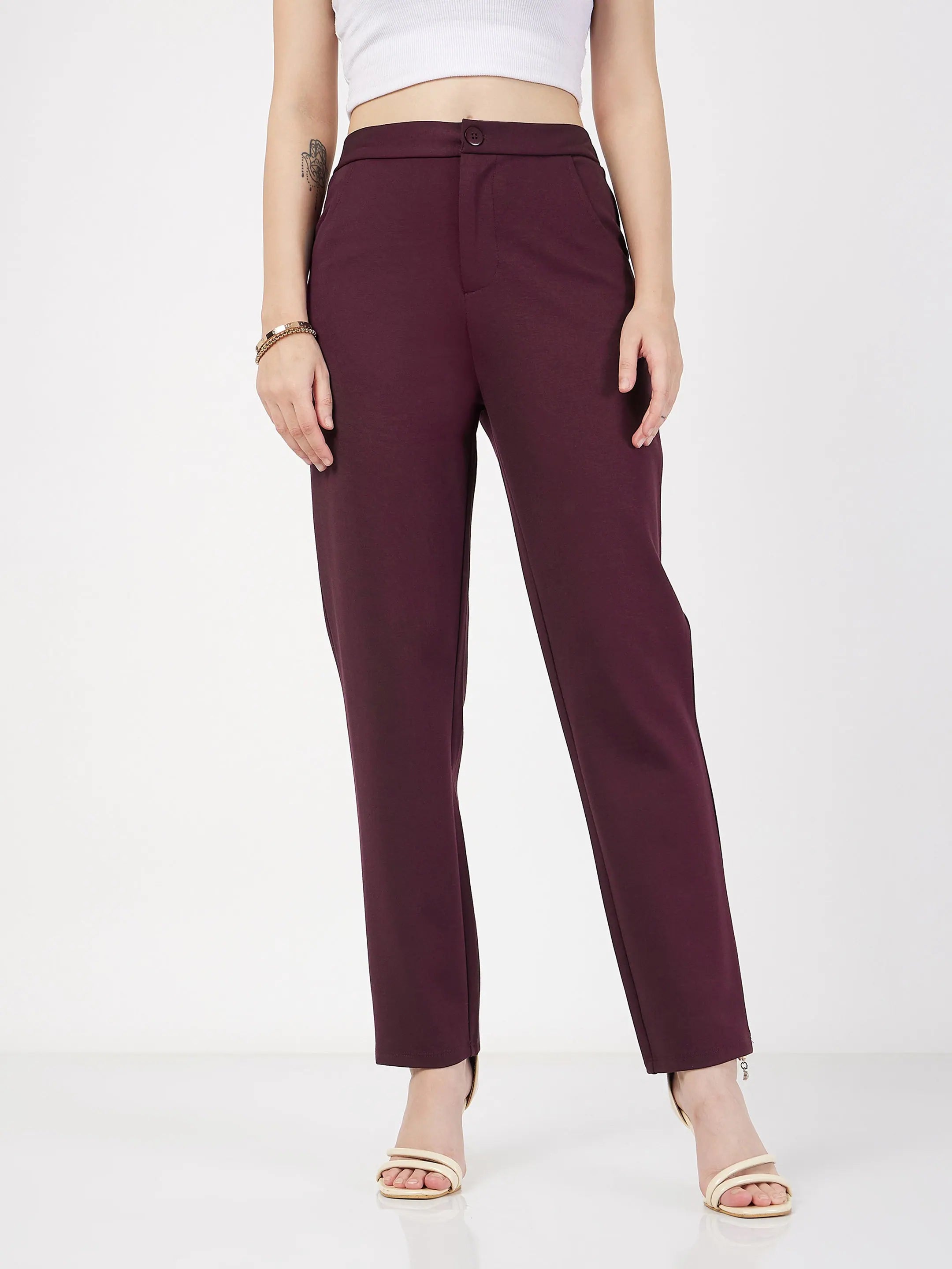 Women Burgundy Roma Tapered Pants Relaxed Fit Trousers