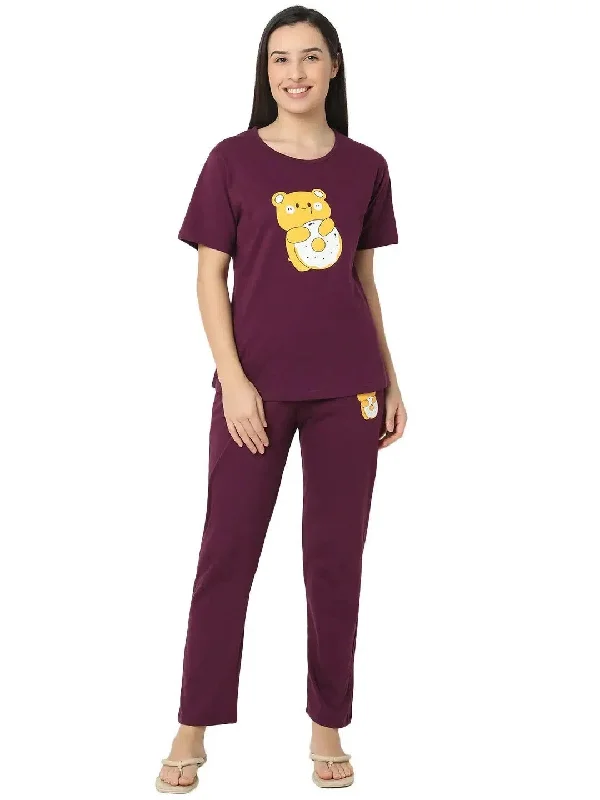Smarty Pants Women's Cotton Lycra Wine Color Teddy Print Night Suit Casual Plaid Pants Smarty Pants Women's Cotton Lycra Wine Color Teddy Print Night Suit Casual Plaid Pants