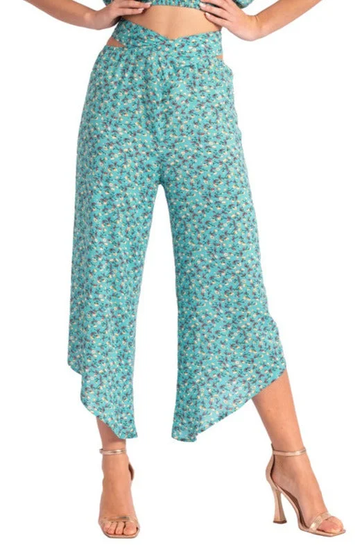 Waist Tie Veraman Floral Print Asymmetric Cropped Tango Pants Casual Yoga Pants