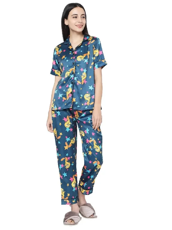 Smarty Pants Women's Silk Satin Teal Blue Tweety Print Night Suit Classic Pleated Pants Smarty Pants Women's Silk Satin Teal Blue Tweety Print Night Suit Classic Pleated Pants