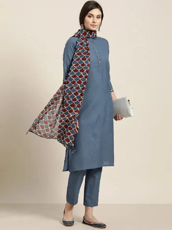 Blue Kurta Set With Pants and Blue Printed Dupatta Modern Stretch Trousers