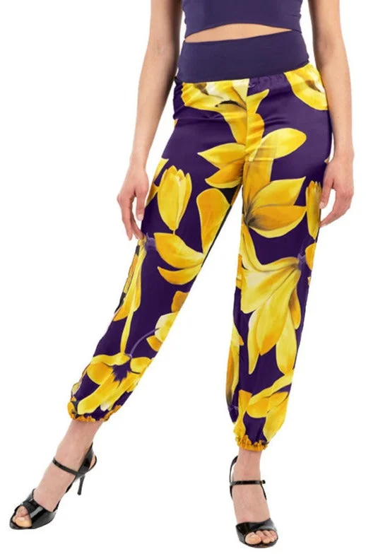 Yellow Floral Gathered Tango Pants Elegant Silk Pants