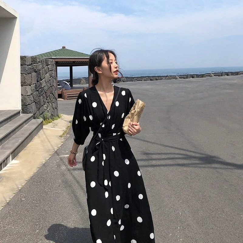 2022 Boho  Summer Maxi Dress Clothes Vintage Slim French Retro Hepburn Wind Black Polka Dot Long Robe Korean Style