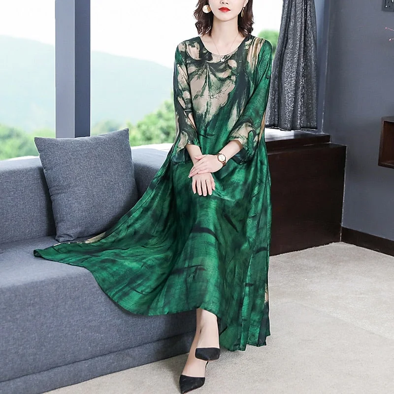 2022 Loose Casual Print Mulberry Silk Maxi Dress Spring Summer Vintage 4XL Plus Size Dress Elegant Women Bodycon Party Vestidos Fashionable Sleeveless Maxi Dress