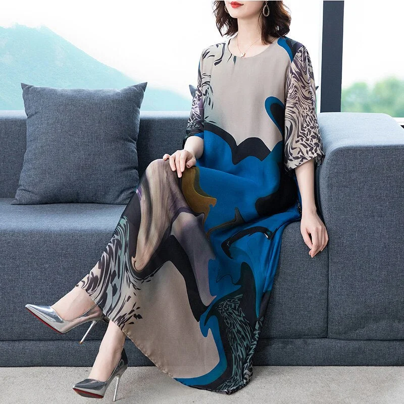 2022 Loose Casual Print Mulberry Silk Maxi Dress Summer Vintage 4XL Plus Size Chiffon Dress Women Elegant Bodycon Party Vestidos Stylish Maxi Dress with Frills