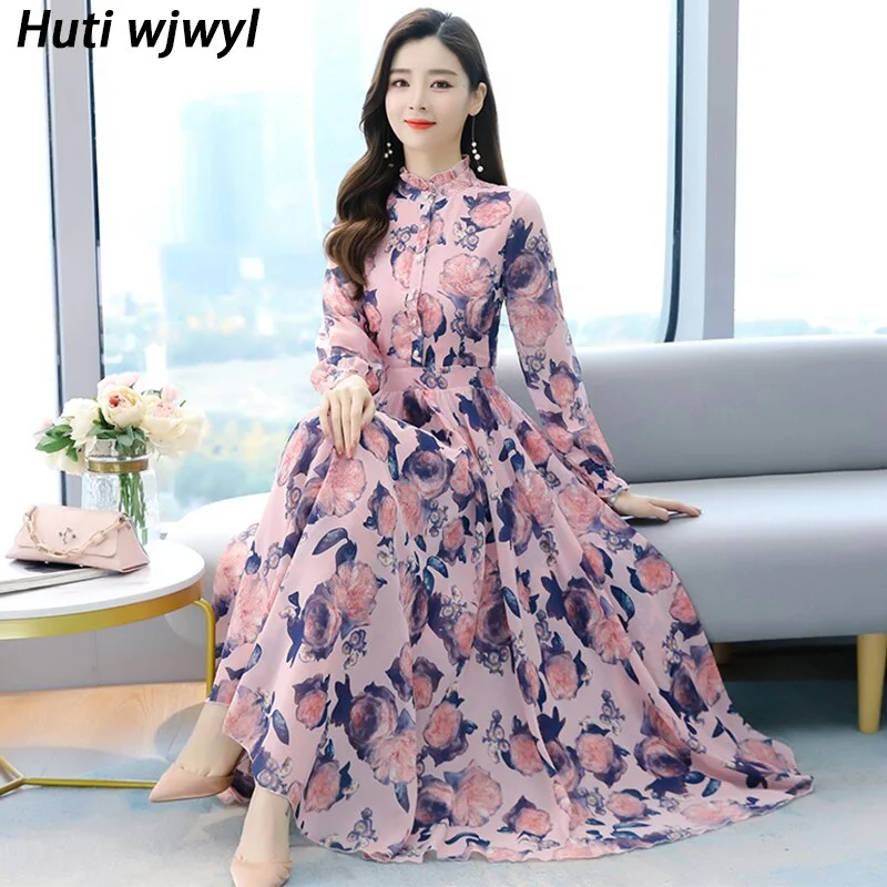 2022 Spring Boho Black Pink Chiffon Beach Maxi Dress Autumn Vintage 4XL Plus Size Long Sleeve Women Dress Elegant Party Vestidos Fashionable Maxi Dress with Fringe
