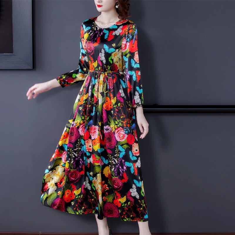 2022 Spring Vintage Loose 4XL Plus Size Midi Women Dress Boho Floral Mulberry Silk Long Sleeve Maxi Dress Elegant Party Vestidos Elegant Boho Maxi Dress