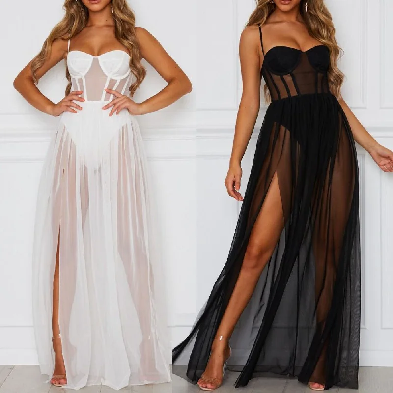 2022 Summer Dress Womens Sexy Perspective Mesh Gauze Sleeveless Backless Party Dress Black White Long Maxi Dresses Beach Dress Trendy Maxi Dress with Straps 2022 Summer Dress Womens Sexy Perspective Mesh Gauze Sleeveless Backless Party Dress Black White Long Maxi Dresses Beach Dress Trendy Maxi Dress with Straps