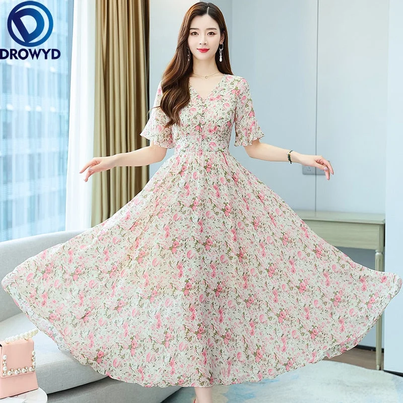 2022  Summer Women Dress  Slim Chiffon floral Print maxi Dress Casual Half Sleeve V-Neck Elegant Office Lady Dresses Elegant Boho Maxi Dress