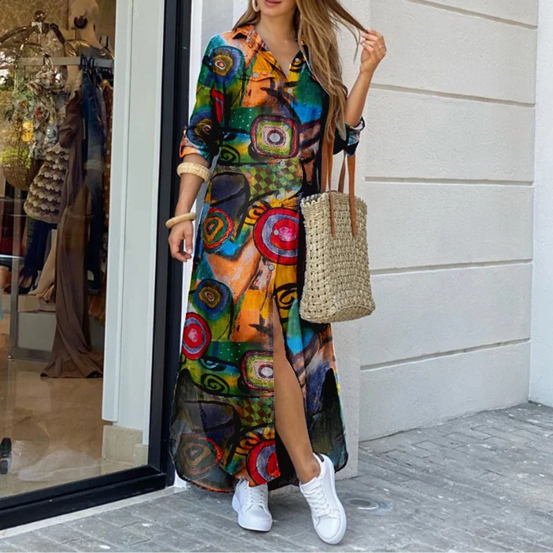 2022 Women Long Sleeve Shirt Dress Spring Printed Maxi Dresses Ladies Turn-Down Collar Loose Sundress Party Dresses #YY Fashionable Asymmetrical Maxi Dress 2022 Women Long Sleeve Shirt Dress Spring Printed Maxi Dresses Ladies Turn-Down Collar Loose Sundress Party Dresses #YY Fashionable Asymmetrical Maxi Dress