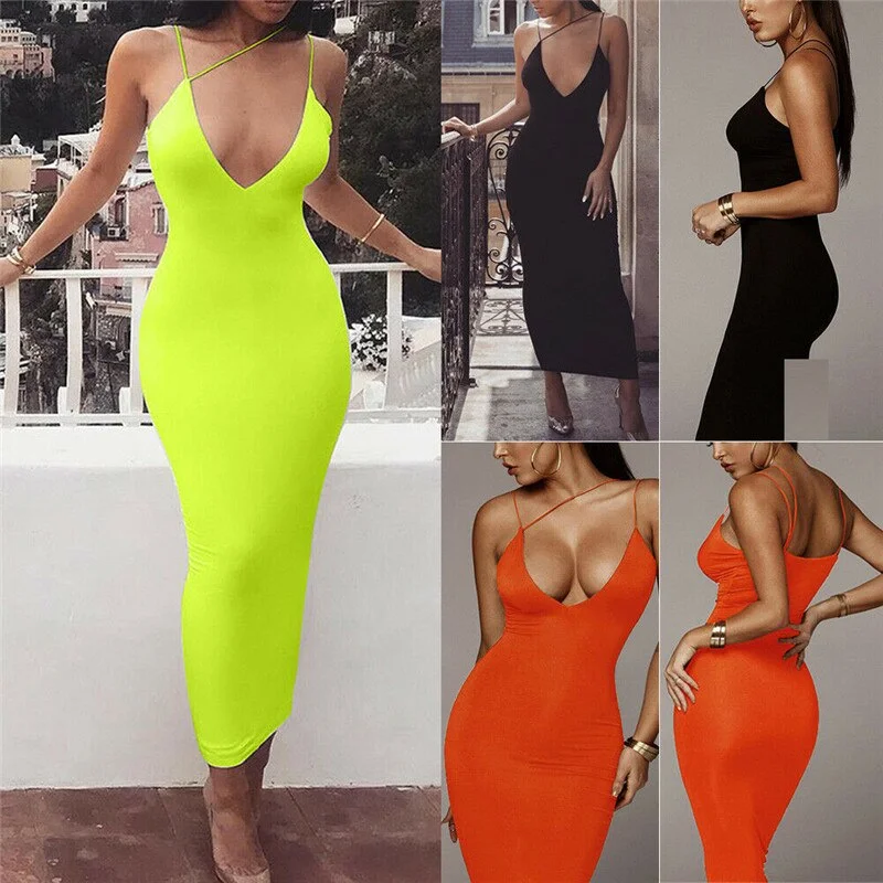 2022 Women Sexy Bodycon Sleeveless Strap Deep V-neck Dress Hollow Out Solid Clubwear Party Long Maxi Dress Sundress Elegant Wraparound Maxi Dress