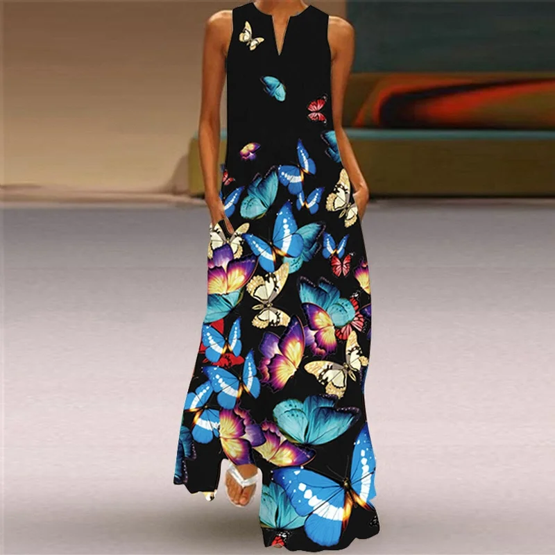 40# Butterfly Printed Sleeveless Long Dress Women V-neck tank Maxi Dress With Pockets Vintage Cami Summer Dress Robe Femme Comfortable Fit-and-Flare Maxi Dress
