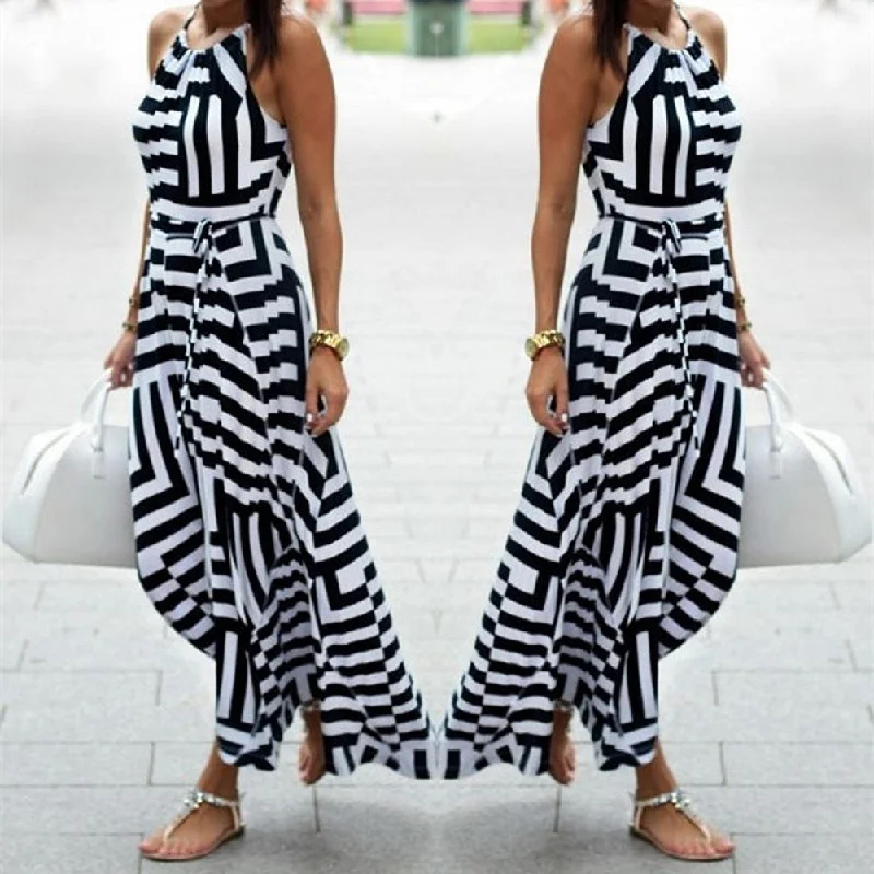 40# Halter Stripe Print Maxi Dress Women Sexy Sleeveless O-neck Summer Dress Bohemian Casual Dresses For Women robe Femme Comfortable Fitted Maxi Dress