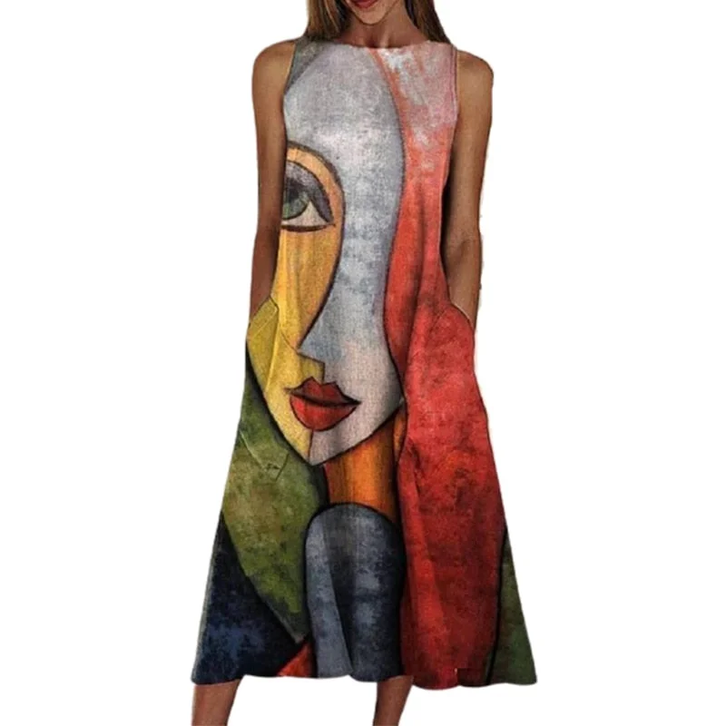 Abstract Print Sleeveless Dress Women Summer Casual Vintage Elegant Tank Loose Robe Beach Round Neck Maxi Dresses Vestidos S-5XL