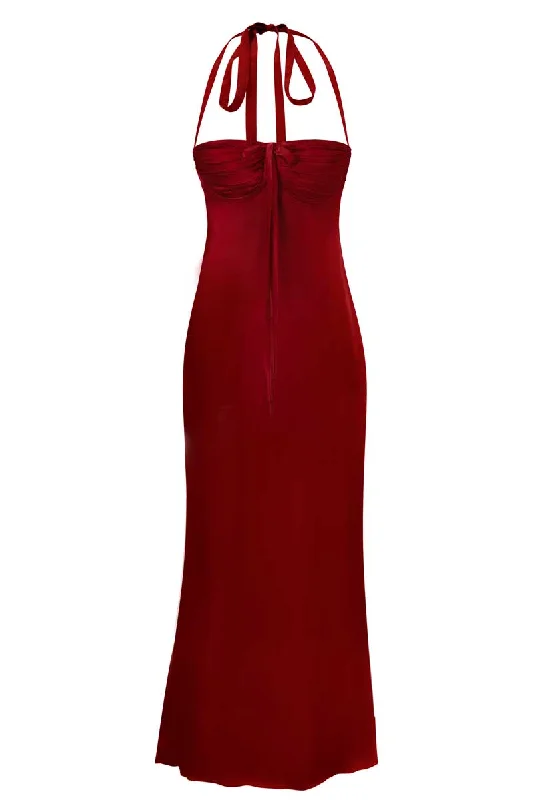 ANGELINA MAXI DRESS IN CHERRY RED SILK Trendy Maxi Dress with Bow