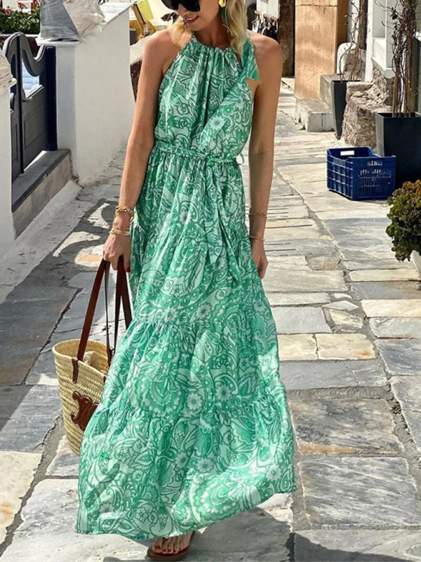 Blue Zone Planet | Aria's Loose Sleeveless Halter Neck Bohemian Printed Maxi Dress Comfortable Bohemian Maxi Dress
