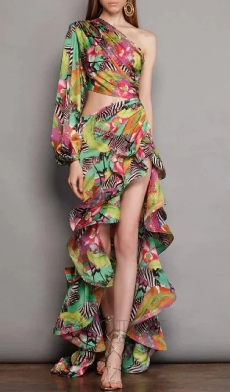 ONE SHOULDER RUFFLR TRIM PRINTED MAXI DRESS Elegant Maxi Dress with Drapes