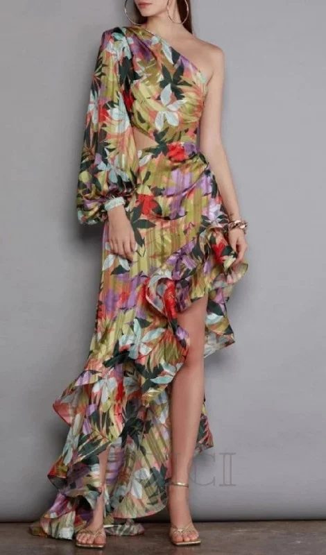 ONE SHOULDER RUFFLR TRIM PRINTED MAXI DRESS Elegant Lace Maxi Dress