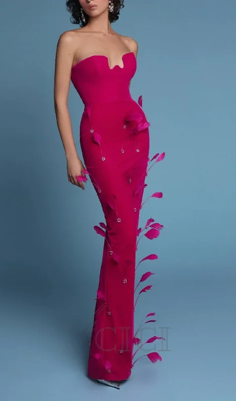 FEATHER BANDAGE MAXI DRESS IN ROSE RED Trendy Off-Shoulder Ruffle Maxi Dress
